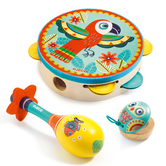 Set of 3 instruments: Tambourine, maracas, castanet Djeco