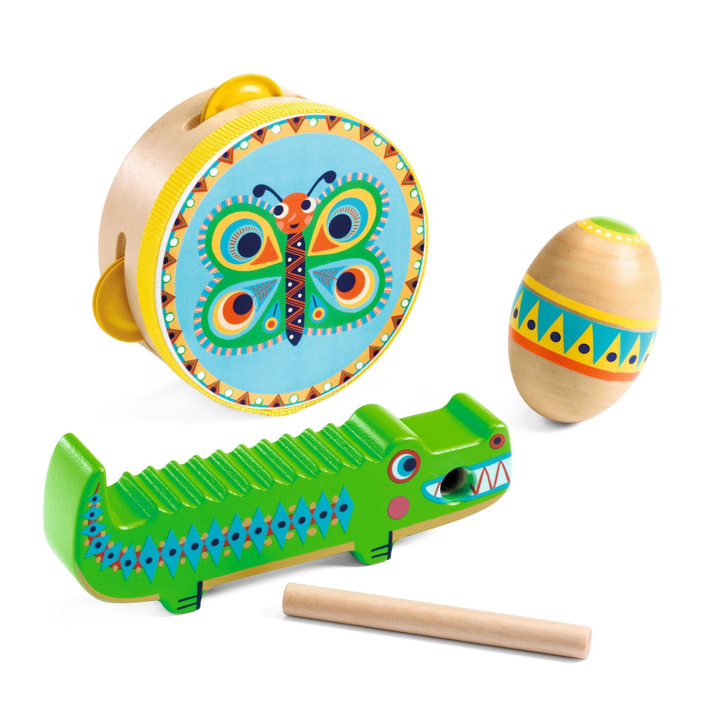 Set of percussions : tambourine, maracas, guiro DJECO